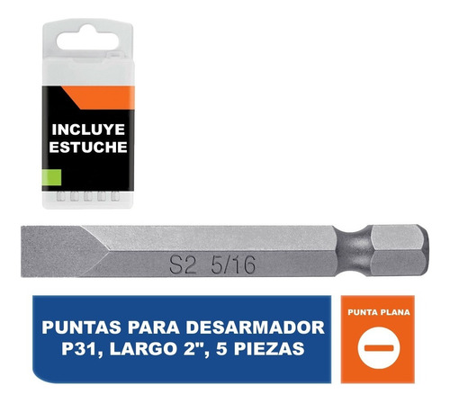 Puntas Para Desarmador Planas, P31, Largo 2 , 5 Piezas 12174