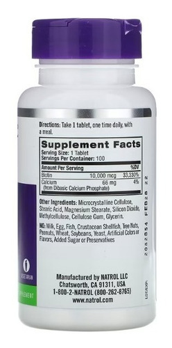 Imagen 2 de 2 de Natrol Biotina 10,000 Mcg Maxima Fuerza 100 Tabletas Natrol Biotin Es Conocido Por Apoyar El Crecimiento Saludable Del Cabello Y Uñas Más Fuertes. Ayuda A Apoyar El Metabolismo Energetico.