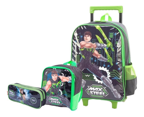 Kit Mochila Escolar Infantil Max Steel Rodinha Grande Luxcel Cor Verde