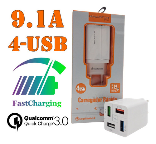 Fonte Carregador Com 4 Portas Usb Carga Rápida Bivolt