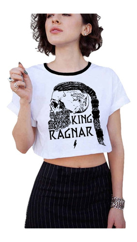  Blusa Crop Top--- Vikingo Ragnar---cuello Blco/negro 