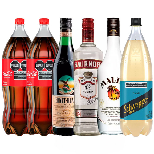Ron Malibu + Vodka Smirnoff + Fernet + Coca Cola + Schweppes