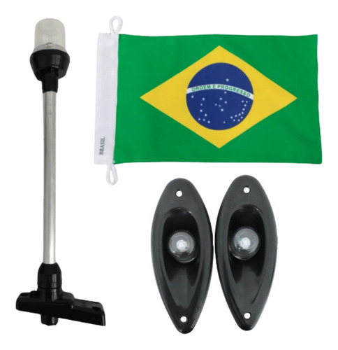 Kit Completo Luz De Popa Mastro Preto Com Alumínio Bandeira Do Brasil E Olho De Tubarão Preto Com Lente Incolor Bombordo E Boreste Barcos Lanchas Iates Uso Obrigatorio Conjunto Seavix Qualidade
