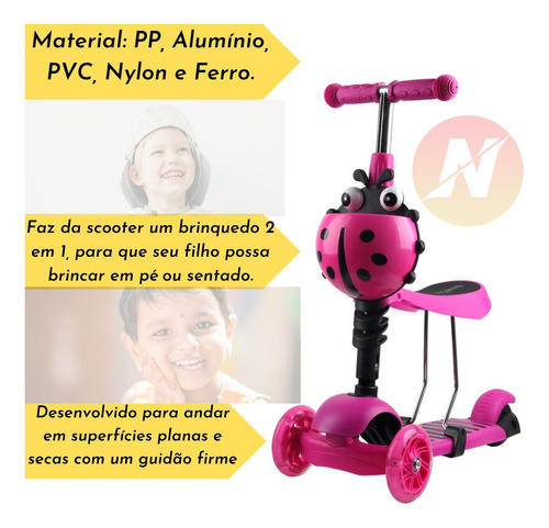 Imagem 6 de 7 de Patinete Infantil Cesta De Joaninha Rosa Assento Removível