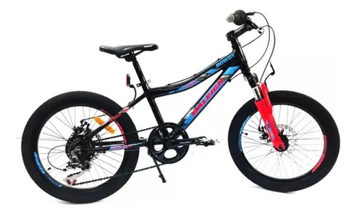 Mountain bike infantil Raleigh Rowdy R20 22" 7v frenos de disco mecánico cambios Shimano y Shimano Tourney TZ400 color negro/azul/rojo con pie de apoyo  