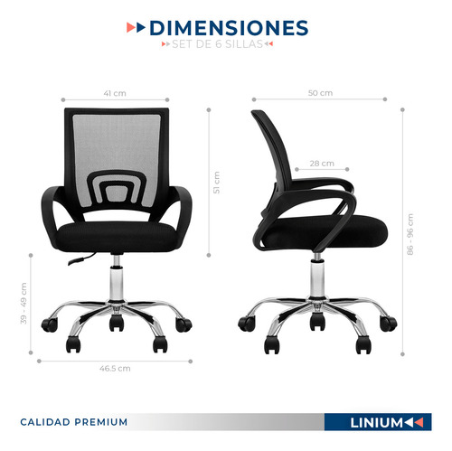 Silla Oficina Escritorio Linium Ergonómica Premium Set De 6 Color Negro Material Del Tapizado Liso