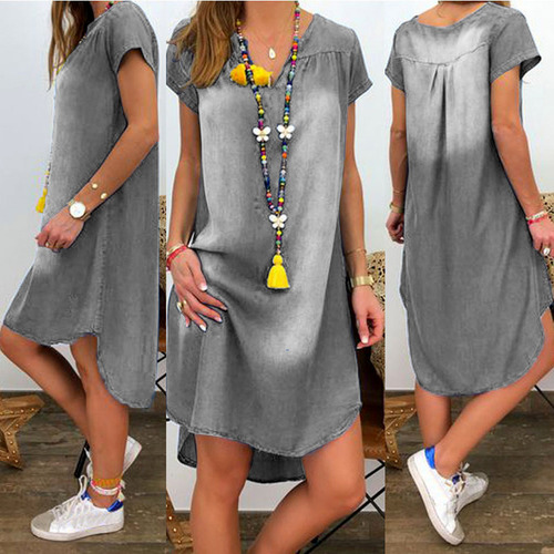 Vestido Casual De Manga Corta Con Cuello En V De Mezclilla 2