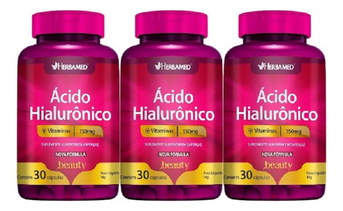 Kit Beauty Ácido Hialurônico 3 Potes 30 Cápsulas Cada Sem Sabor