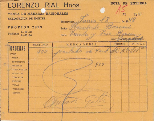 1948 Boleta Lorenzo Rial Hnos Venta De Maderas Montevideo