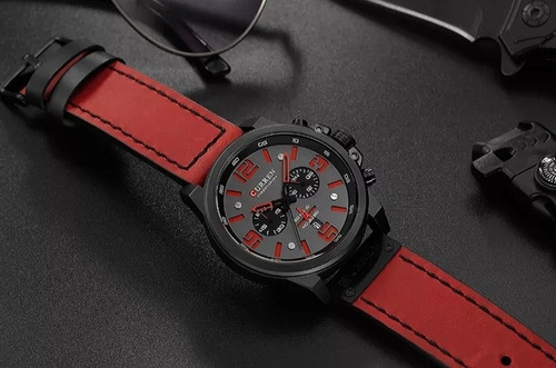 Relogio Masculino Curren Caixa 50mm Aço Inox Calendario Cronos Funcionais Couro Legitimo Vermelho Envio Imediato