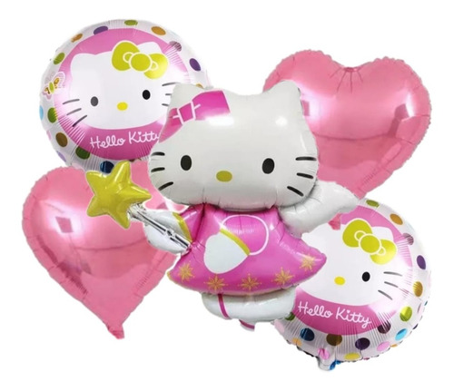 Set Globos Metalizados Hello Kitty E Corazon  Esfericos 5pzs