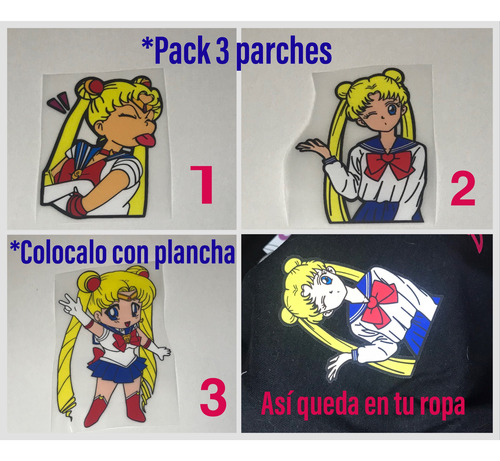 Parche Transfer Termoadhesivo Sailor Moon, Serena, Kit 3 Pzs