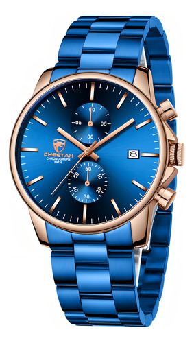 Reloj Cronógrafo De Cuarzo De Acero Inoxidable Para Hombre Fondo Oro Rosa/azul