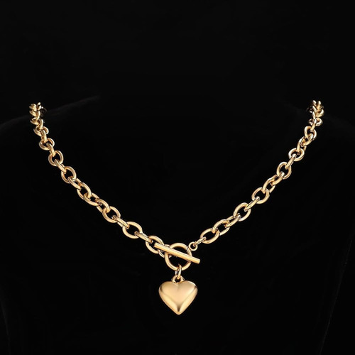 Collar De Cadena Cubana Oro Blanco 18k Con Corazón Hipoalerg