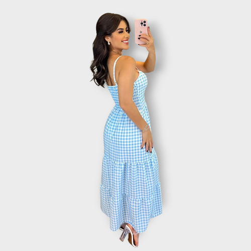 Vestido Feminino Midi Longuete Xadrez Com Lastex Alças Finas