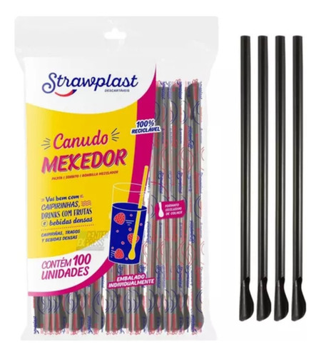 Canudo Mexedor Colher Para Bebidas Drinks 200 Unid Preto 6mm