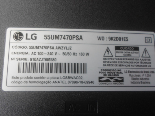 Placa Principal Tv E Smart LG 55 Um 7470 Psa Eax68253605( 1,