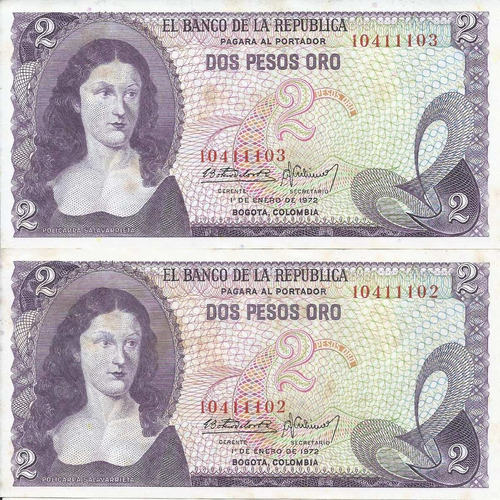 Colombia Dúo Números Consecutivos 2 Pesos 1 Enero 1972