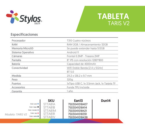 Tablet Stylos Tarisv2 Con Tpu Cover 8 Panel Ips 2gb Ram