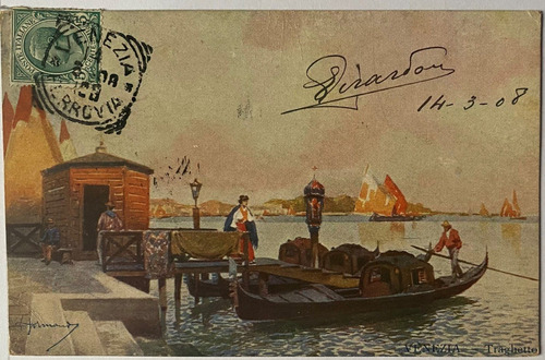 Antigua Postal, Góndola, Barco, 1908, Venecia, Italia, 4p044