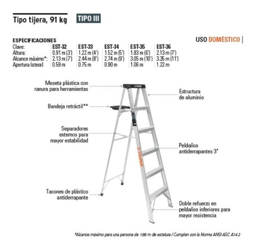Escalera Tipo Tijera 5 Escalones Peldaños 91kls Marca Truper