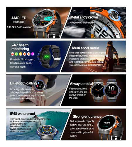 Smartwatch Amoled Tactico Deporte Oxigeno Ip68 Presion Llama