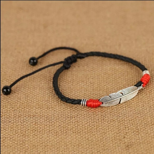 Pulsera Tobillera Pluma Suerte Para Hombre O Mujer Tejida Color Rojo Diámetro 20 Cm Largo 10 Cm