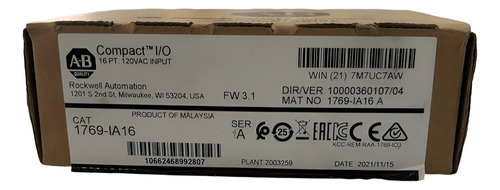 Allen Bradley 1769-ia16 Módulo De Entrada Compactlogix 16