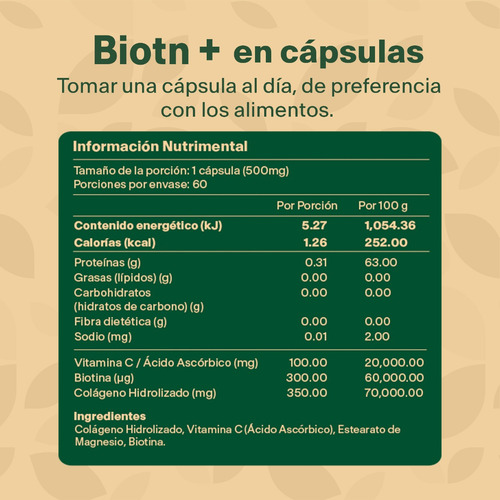 Biotina Pura + Colageno Hidrolizado Con 60 Capsulas Sabor Sin sabor