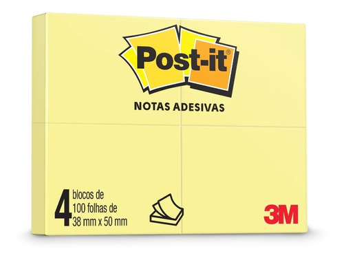  Notas Adesivas Post-it Amarelo 4 Blocos 38x50mm 100 Fls 3m