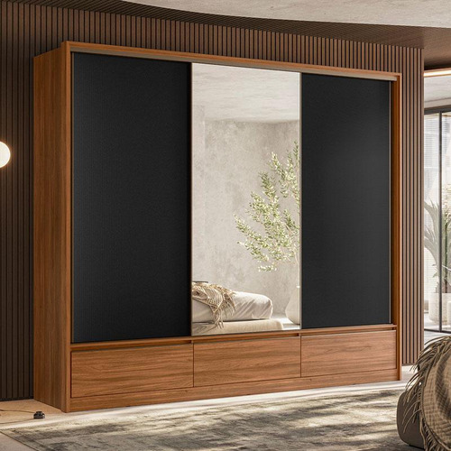 Cômoda Lume E Guarda Roupa Casal Lounge Nogueira Preto Flex