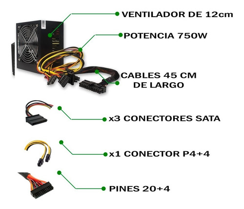 Imagen 2 de 6 de Fuente 750w Pc Gamer Atx 24 Pines Negra Noga Pcreg
