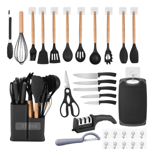 Set De 31 Utensilios De Cocina De Silicona Y Cuchillos