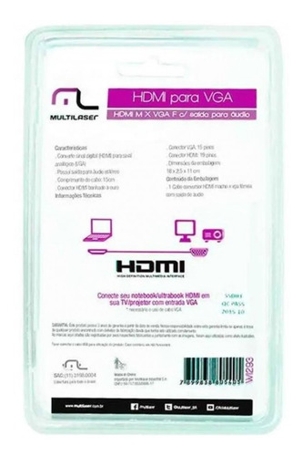 Conversor Hdmi F Em Vga F Com Saída Áudio Multilaser Cor Preto