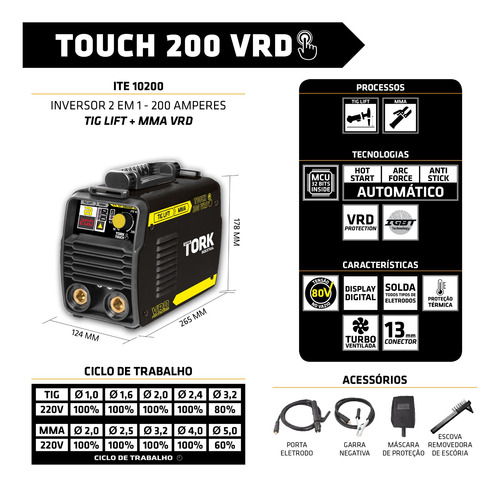 Imagem 6 de 8 de Maquina De Solda Inversora Tig Mma Touch 200 Amp Vrd Tork