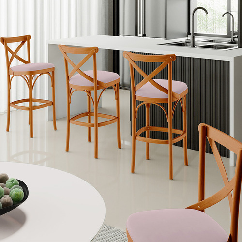 Kit 05 Banquetas Cozinha Sala Jantar Estof Ávila Suede Rosê