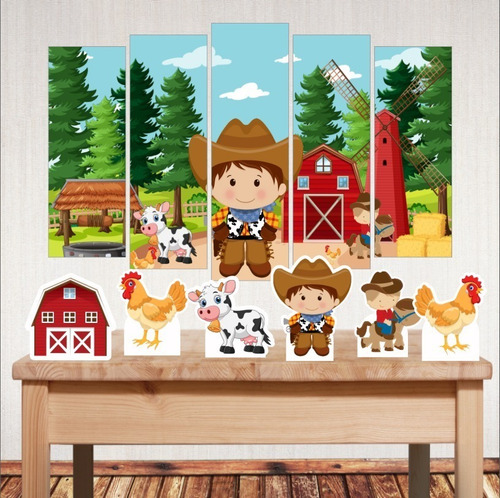 Kit Topo Bolo Fazendinha Menino+5 Quadrinhos+6 Display Mesa