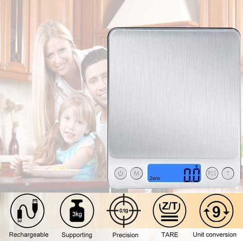 Imagen 10 de 10 de Bascula Digital 3kg-0.1g Balanzas De Cocina Usb Recargable