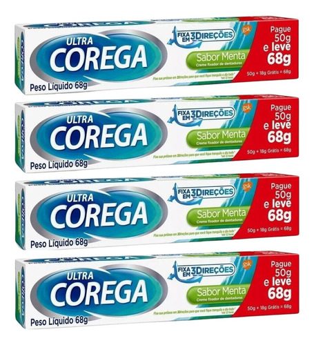 Kit 4 Ultra Corega 68g Menta Fixador Dentaduras Grande