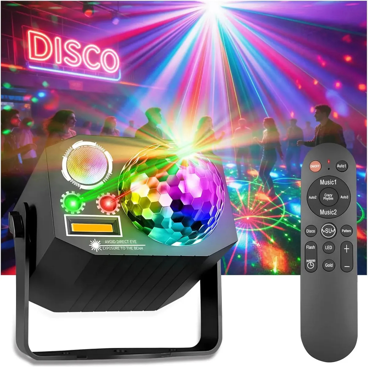 JZZB Luces para Escenario Luces de Fiesta Profesional Dj Láser RGB + Estrobo + UV 4 in 1 con Bola de discoteca para Fiesta Dormitorio Camping Boda Halloween