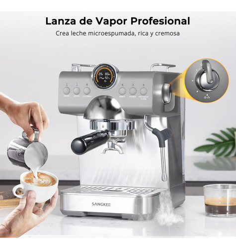 Sangkee Máquina de espresso con Cold Brew, Cafetera Espresso Profesional con Varilla de Vapor para Espumar Leche para Lattes y Capuchinos, Máquina de Café Espresso con Pantalla LED (Acero Inoxidable)
