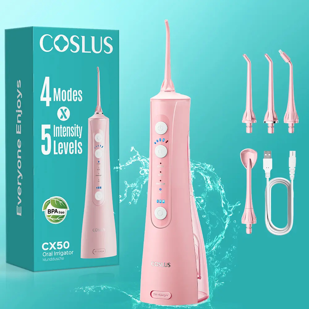 COSLUS Irrigador Bucal, Irrigador Dental Profesional con 4 boquillas, 4 modos, 5 niveles, 20 modos ajustables, limpiador bucal portátil recargable, water flosser, ideal para famili