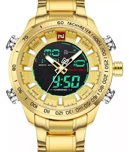 Relógio Masculino Naviforce Militar Esportivo Original Cor da correia Dourado Cor do bisel Dourado Cor do fundo Preto e dourado