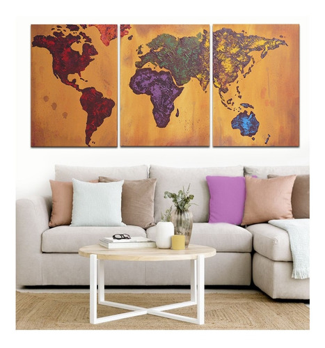 Cuadros Mapa Tripticos Decorativos Mapamundi Planisferio Atlas Texturados Pintados A Mano