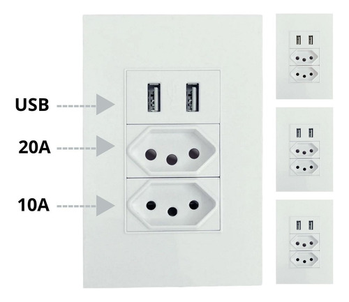 Kit C/4 Tomada 10/20 Ampêres Modular Dupla 2 Usb Carregador Branco