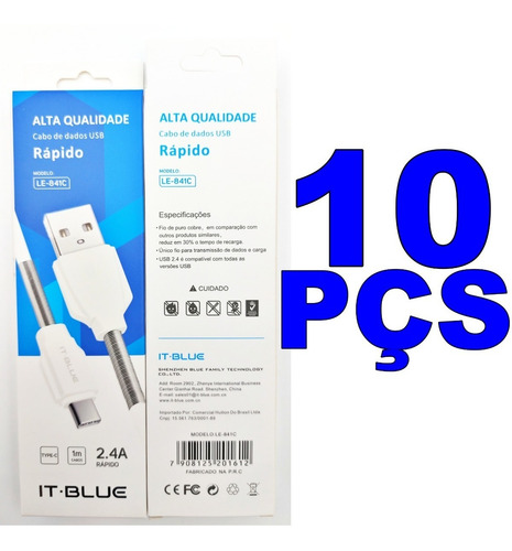 Kit 10 Cabos Usb Tipo C 1 Metro 2.4 A Turbo Atacado
