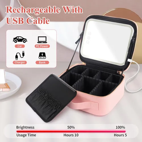 Lagivine Bolsa De Maquillaje De Viaje Con Espejo Led, Divis.