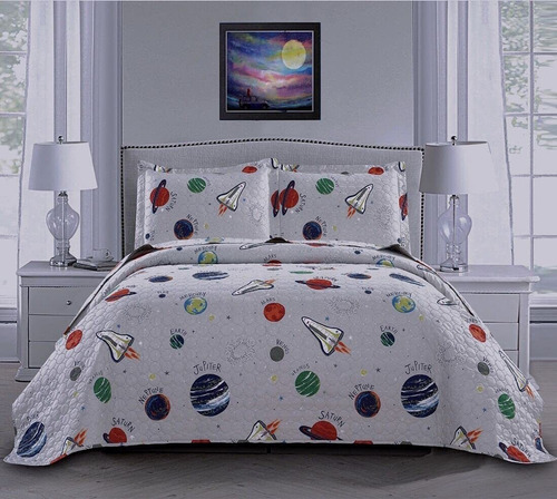 Colcha De Verano De 3 Piezas Space Quilt Twin, Niños Planet