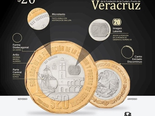 Moneda De 20 Pesos Mexicanos Conmemoración Veracruz 500 Años