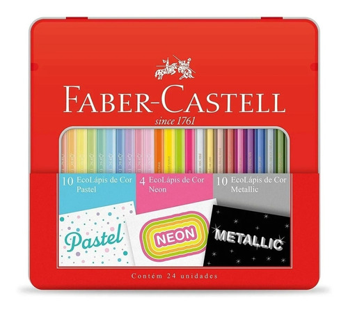 Estojo Lata 24 Cor Lápis Faber Castell Pastel Metálicos Neon